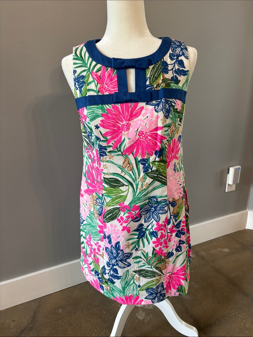 Floral Shift Dress/Romper with Navy Trim - Pink & Green